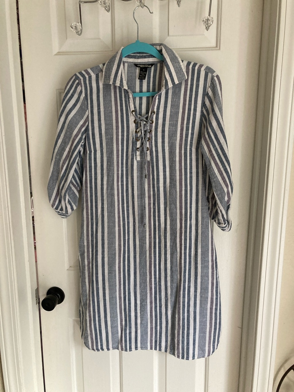Striped Blue and White Midi Dress with Lace-Up Front